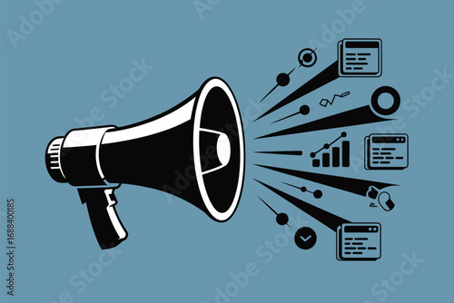 A black and white illustration of a megaphone with various icons emanating from its speaker cone