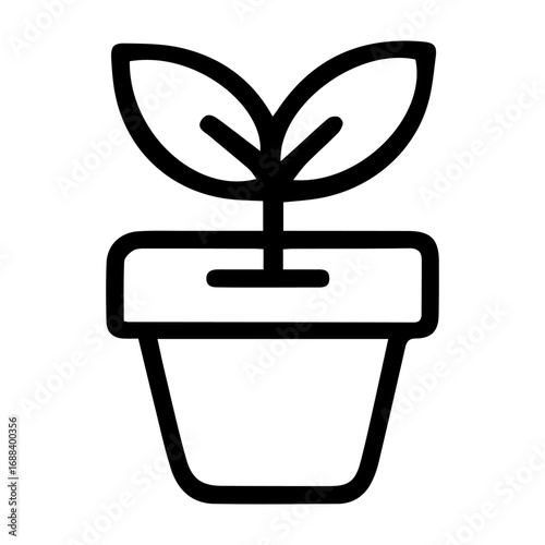 A black and white drawing of a plant in a pot. The plant is small and has a leafy appearance