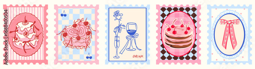 Vintage Postage Stamp Set with Cakes, Drinks, and Ribbons. Retro Girly Vector Collection