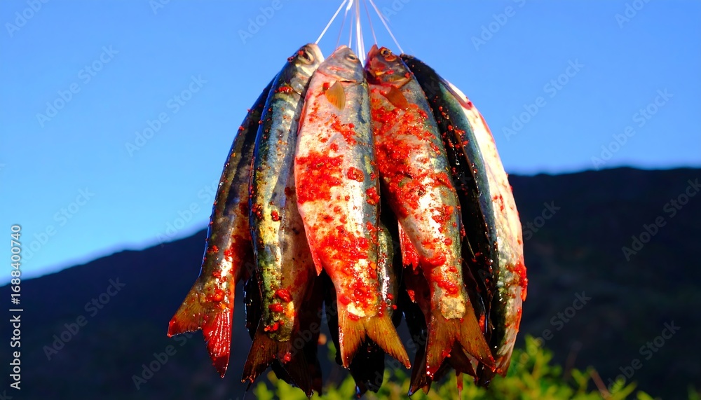 Naklejka premium Marinated fish strung for drying, mountain backdrop