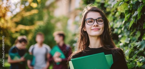 The confident student enjoying her time with friends in a lush environment.