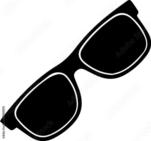 Pair of sunglasses is shown in black and white. The sunglasses are positioned horizontally and are facing the viewer. Concept of coolness and relaxation