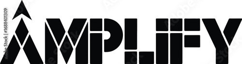 A black and white graphic featuring the word amplify with an arrow pointing upwards on the left side