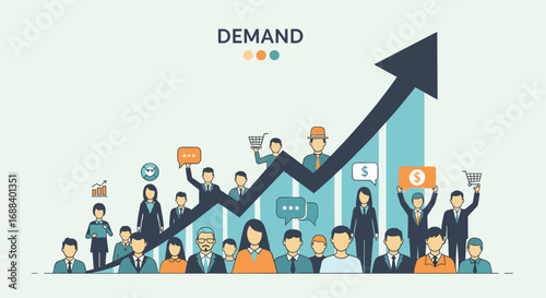 Dynamic business team celebrates rising demand and market growth with upward trending graph and financial symbols, Generative AI.