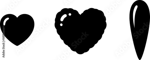 Three simple black heart icons and a teardrop shape symbolize love, emotion, and connection