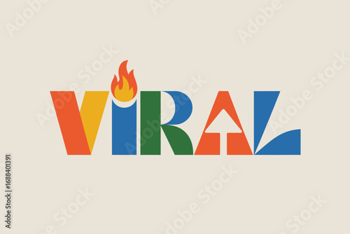 A colorful graphic of the word viral with a flame in place of the letter i on a cream colored background