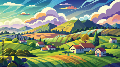 A green summer landscape of rolling hills, mountains, and a village under a blue sky with clouds