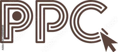 A stylized ppc logo with a cursor, featuring a triple line design in a brown color scheme on white