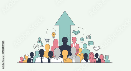 Dynamic team united for business growth with upward arrow symbol representing success collaboration and innovation in a modern professional setting, Generative AI.