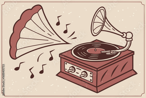 Retro vector illustration of vintage gramophone with vinyl record and notes
