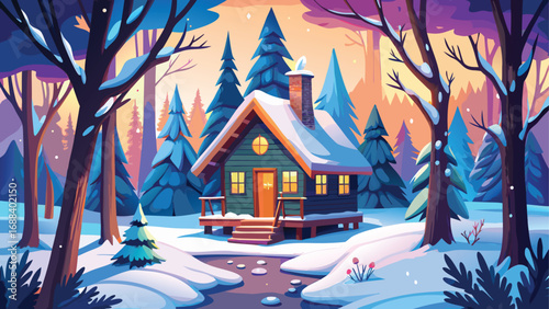 A charming winter village landscape with a cozy house, snow-covered trees, and a cheerful snowman under a night sky, perfect for a holiday card