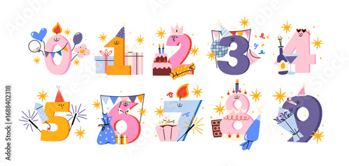 Birthday numbers set in retro cartoon with fun font. Numbers 1 to 9 with balloons, gifts, cakes, candles, party elements . Festive birthday decorations in trendy retro doodle shapes