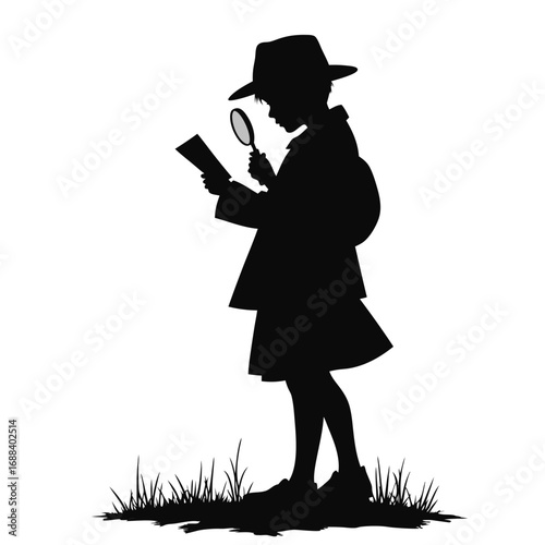 Silhouette of child detective examining document with magnifying glass