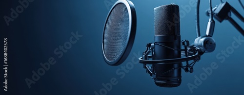 The Microphone and Pop Filter in Professional Recording Studio for Podcasting and Voiceover
