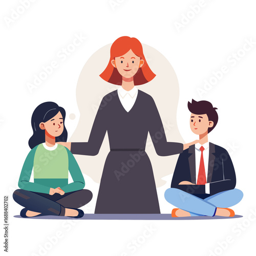 Professional vector illustration of female lawyer mediating conflict between two disputing clients in legal consultation, justice, law, negotiation scene