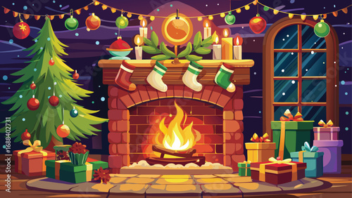 A cozy living room with a fireplace, a decorated Christmas tree, and presents creating a warm holiday scene