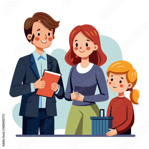 Professional female attorney consulting family on child custody case vector illustration symbolizing legal advice, justice, support, guidance, family law