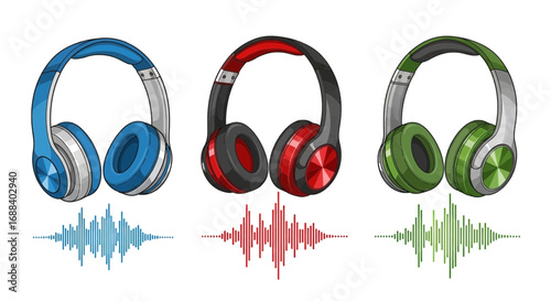 Vibrant headphones with audio waveforms in blue, red, and green, showcasing sound and music experience.