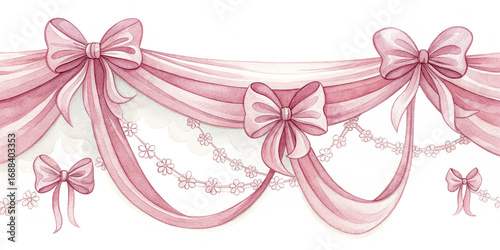 pink ribbon bow border with draped swags and pearl dots watercolor decorative garland isolated on white background.