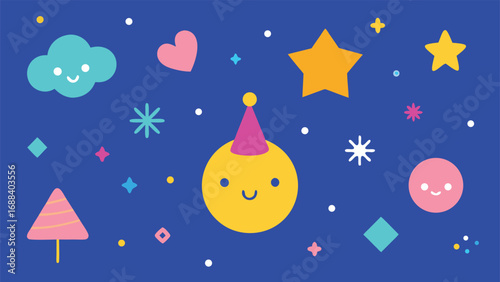 Cute vector cartoon illustration of a star and moon in the winter night sky with a Christmas tree and snow, for a new year celebration card design