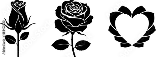 Elegant Black Rose Silhouettes and Heart Emblem for Romantic Designs