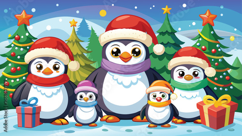 A cheerful cartoon snowman in a red hat and scarf stands with a Christmas tree, ready for a fun winter holiday celebration
