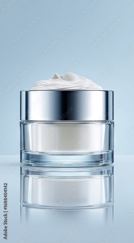 Obraz premium A clear glass jar with a silver lid holds a thick, off-white cream; a swirl of cream peaks above the rim, reflecting light against a pale blue background