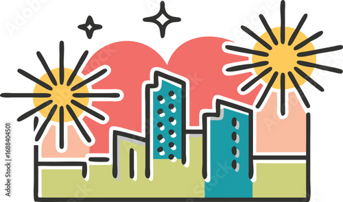An urban vector cityscape with colorful buildings, a bright sky, and a few trees