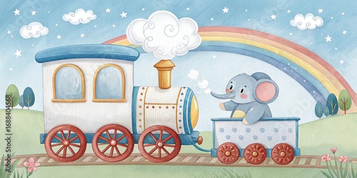 watercolor toy train with rainbow and clouds whimsical children illustration nursery art locomotive landscape 