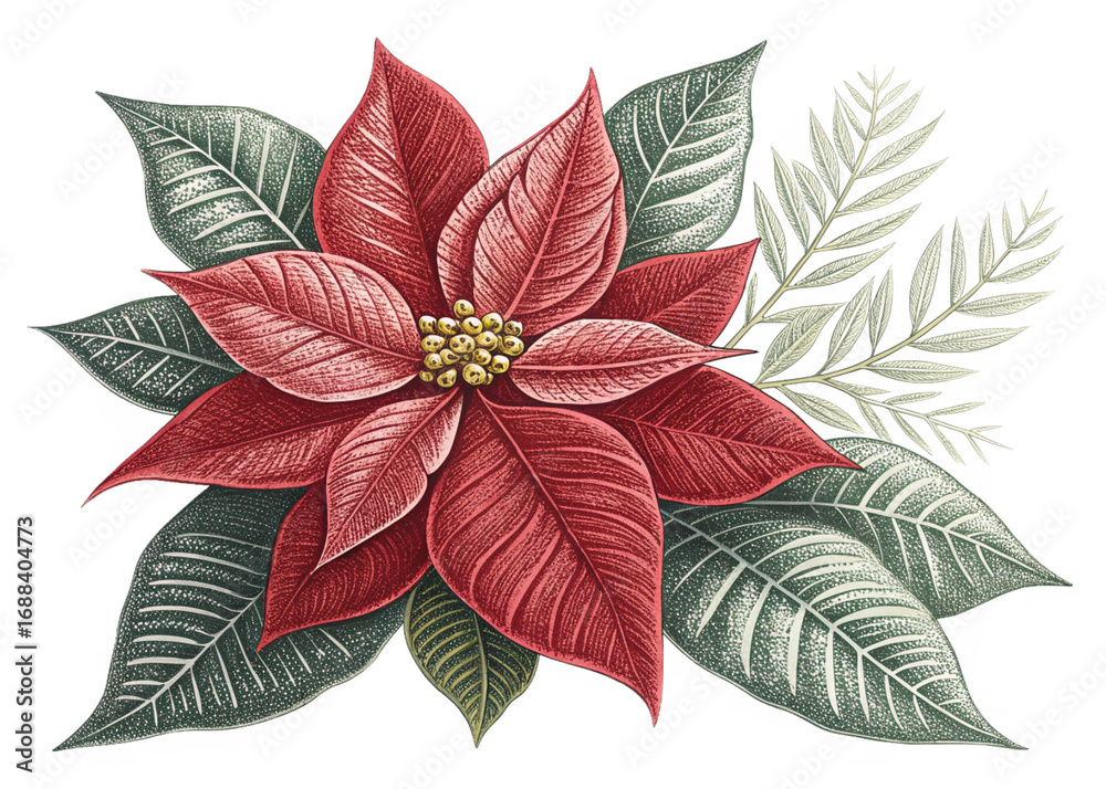 Obraz premium watercolor red poinsettia flower with green and cream foliage christmas botanical illustration art isolated on white background.