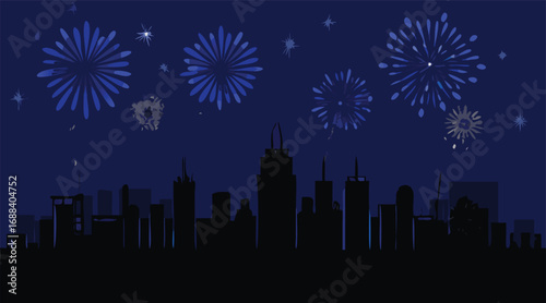 Vibrant fireworks burst over a dark cityscape, their light illuminating the night sky and the urban skyline