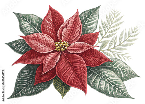 watercolor red poinsettia flower with green and cream foliage christmas botanical illustration art  isolated on white background.