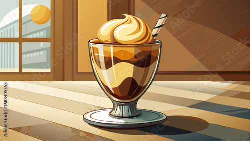Affogato, a scoop of vanilla gelato drowned in hot espresso, shines in a transparent glass. Isolated background captures contrast of bitter and sweet, minimalist elegance, and Italian café culture.