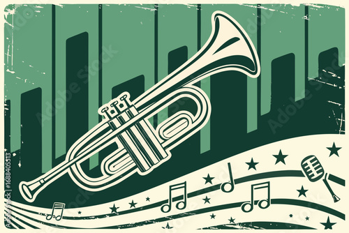 Retro vector illustration of trumpet with musical notes stars and microphone