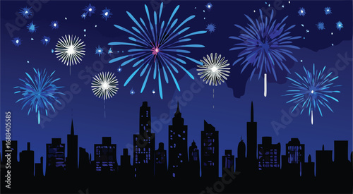 Colorful pyrotechnic explosions illuminate the night sky above the city during a vibrant new year celebration