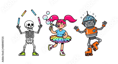 Joyful skeleton juggler, girl blowing bubbles, and robot roller skater celebrate fun times together