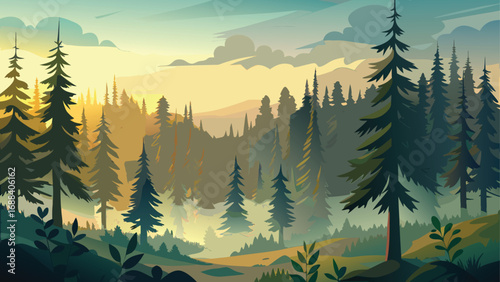 Winter sunrise over snow-covered pine trees and a misty mountain landscape