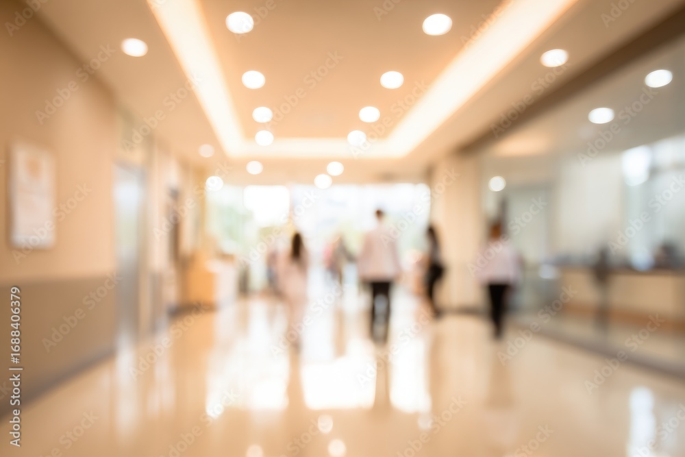 An out-of-focus, sunlit hallway scene with multiple people in white coats walking away, depicting a bright, clean, institutional or medical environment An out-of-focus, sunlit hallway scene with multiple people in white coats walking away, depicting a bright, clean, institutional or medical environment