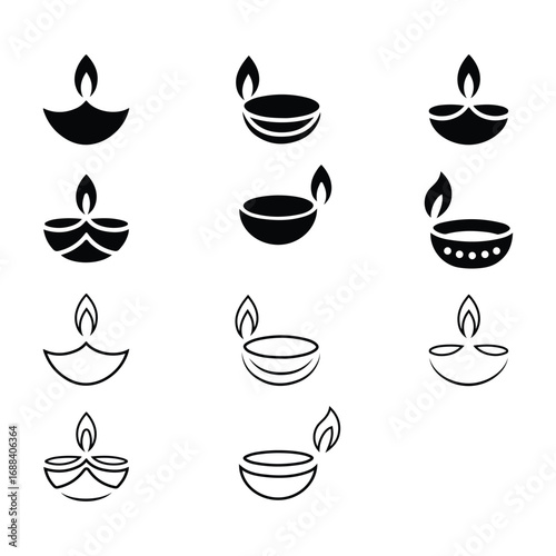 Traditional Diya Lamp Icon Set for Diwali Festival with white background
