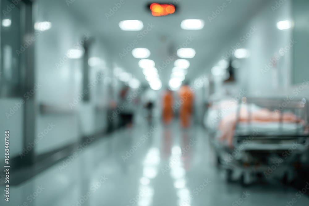 Fototapeta premium A softly focused, long, pale corridor with a metal gurney on the right. The blur suggests movement & activity within an institutional environment