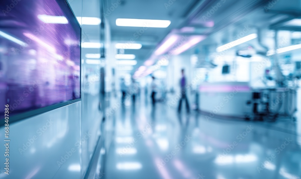 Fototapeta premium Soft-focus shot of a modern hallway with a screen, soft blue tones, and blurred figures. An image evokes a sterile, futuristic environment