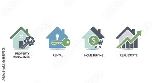 Modern real estate icons representing property management rental home buying and market growth in vibrant clean design for business presentations, Generative AI.