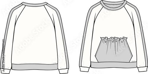 Sweatshirt cad drawing, flat vector illustration, fashion design template, casual clothing sketch, hoodie style, garment mockup, apparel technical artwork