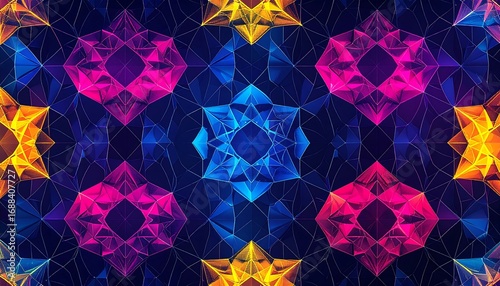 Vibrant abstract geometric crystal patterns in neon blues, pinks, and yellows glowing on dark background
