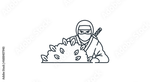 Line Art Ninja Hiding Behind Bush with Katana.