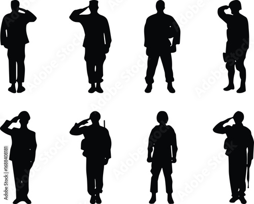 Army soldier cad drawing, flat vector illustration, military salute silhouette, defense personnel, patriotic man, uniform service, national security, honor
