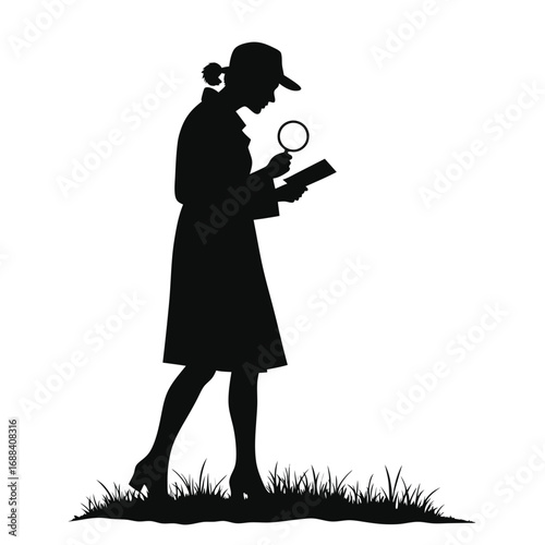 Silhouette of woman detective examining document with magnifying glass