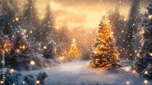 Magical Winter Scene with Glittering Christmas Trees in Snow
