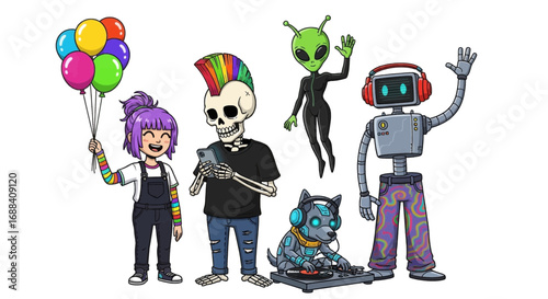 Fun characters including a girl with balloons, skeleton, alien, robot DJ, and dog celebrate diversity and modern culture.