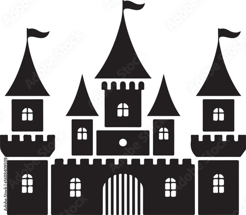 Silhouette of a Castle with Towers, Flags, and Windows on a Transparent Background